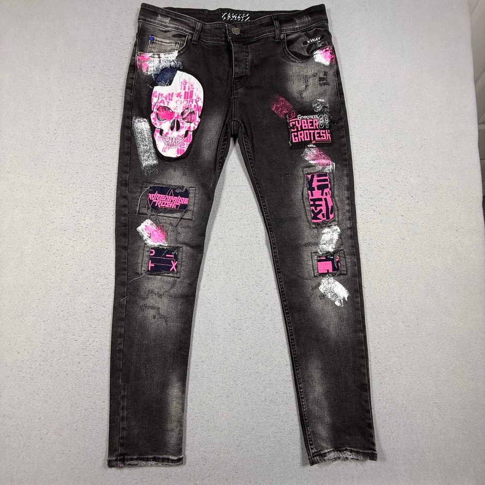 XWAY Mens Black Denim Jeans Pink Skull Cyber Grotesk Distressed Streetwear 36 - Picture 3 of 10